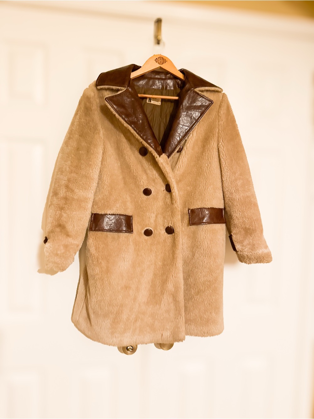 Original 1970’s Classic Tan Faux Shearling Teddy Coat with Dark Trim